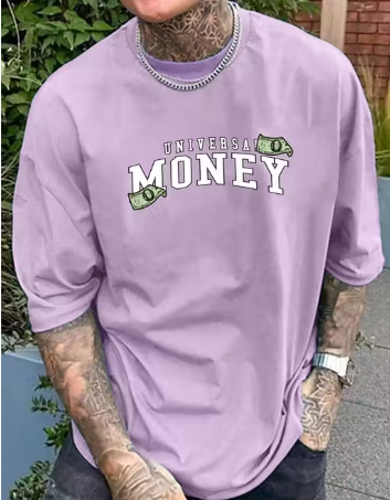 GLOWISTA Men’s Oversized Lavender Money Graphic T-Shirt – Cotton Blend, Half Sleeves