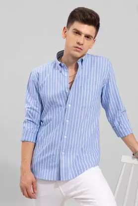 GLOWISTA Men’s Slim Fit Striped Casual Shirt – Spread Collar, Blue